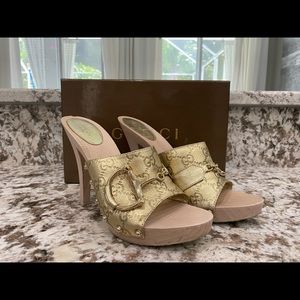 Gucci Gold Horsebit Mules Heels Size 8.5 8 1/2
